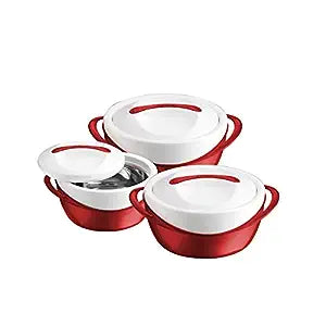 Pinnacle Panache Inner Stainless Steel Casserole Set of 3 | 600 ml, 1200 ml, 2500 ml | Hot Box | Roti Box | Ideal as Serving Bowl | Teal (Red)