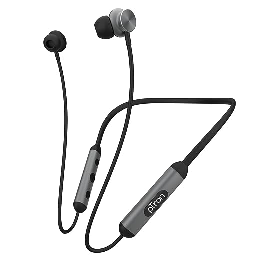 pTron InTunes Ultima Bluetooth 5.0 Wireless in Ear Earphones with Mic, Powerful Bass, 18Hrs Playtime, Type-C Fast Charging, Passive Noise Cancellation, Voice Asst, IPX4 Water-Resistant (Black & Grey)