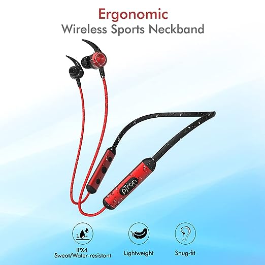 PTron Tangent Plus V2 with 18Hrs Playback & Type-C Fast Charging, Bluetooth 5.0 Wireless Headphones with Deep Bass, IPX4 Water Resistance, Snug-fit, Voice Assistance & Built-in Mic (Black & Red)