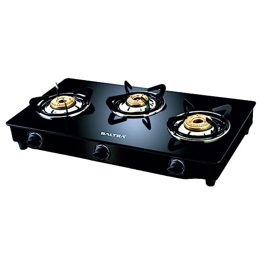 Baltra Glimmer Glass Top Gas Stove 3 Brass Burner Manual Ignition, Black (ISI Certified 2 year warranty with Doorstep Service)