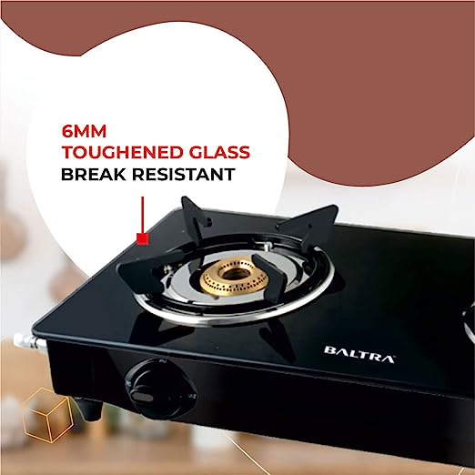 Baltra Glimmer Glass Top Gas Stove 2 Brass Burner Manual Ignition, Black (ISI Certified 2 year warranty with Doorstep Service)