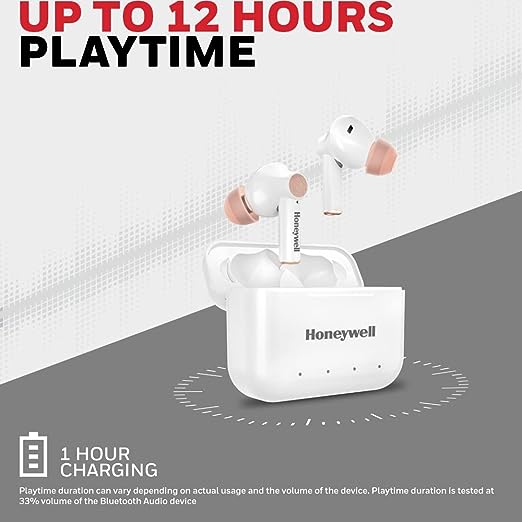 Honeywell Moxie V1000 Truly Wireless Earbuds, Bluetooth V5.0, 2 hrs uninterrupted Music with 10 mins of Charge, Dynamic 10mm*2 Drivers, 200mAh Battery, IPX4 Water Resistance, Voice Assistant Enabled
