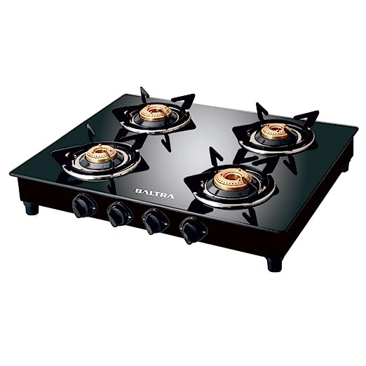 Baltra Glimmer Glass Top Gas Stove 4 Brass Burner Manual Ignition, Black (ISI Certified 2 year warranty with Doorstep Service)