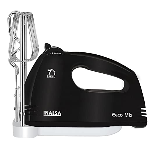 Inalsa Hand Blender Hand Mixer -Eeco Mix with Powerful 180 Watt Super Silent Pure Copper Motor| Variable 7 Speed Control| Includes Mixer/Beater & Dough Hooks| Hand Mixer with Stand, (Black), Small