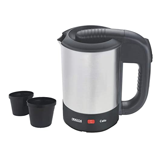 INALSA Electric Travel Kettle Cute 0.5 L|Fast Boiling 1000 Watts| Light Indicator| Boild Dry Protection| Auto Shut Off| 2 Travel Cups| (Silver/Black)