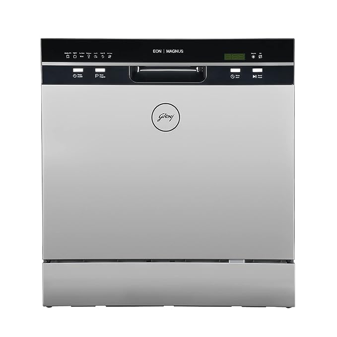 Godrej Eon Dishwasher | 8 Place Setting Counter-Top | Compact with an In-built heater (DWT EON MGNS 8C NF SKSL, Silky Silver) | Perfect for Indian kitchens and smaller families (OPEN BOX)