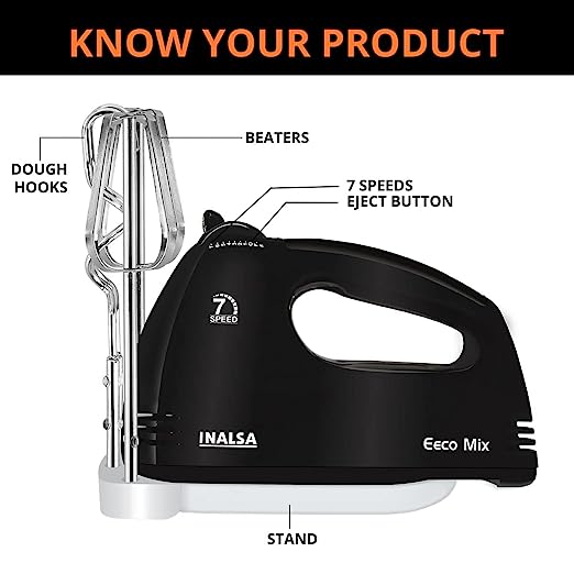 Inalsa Hand Blender Hand Mixer -Eeco Mix with Powerful 180 Watt Super Silent Pure Copper Motor| Variable 7 Speed Control| Includes Mixer/Beater & Dough Hooks| Hand Mixer with Stand, (Black), Small