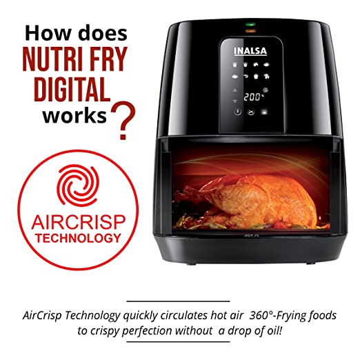 INALSA Air Fryer Nutri Fry Digital 4.2L|Imported Premium Range|Designed In Europe With International Health & Safety Standards|1400W with Smart AirCrisp Technology|Free Recipe book|2Yr Warranty