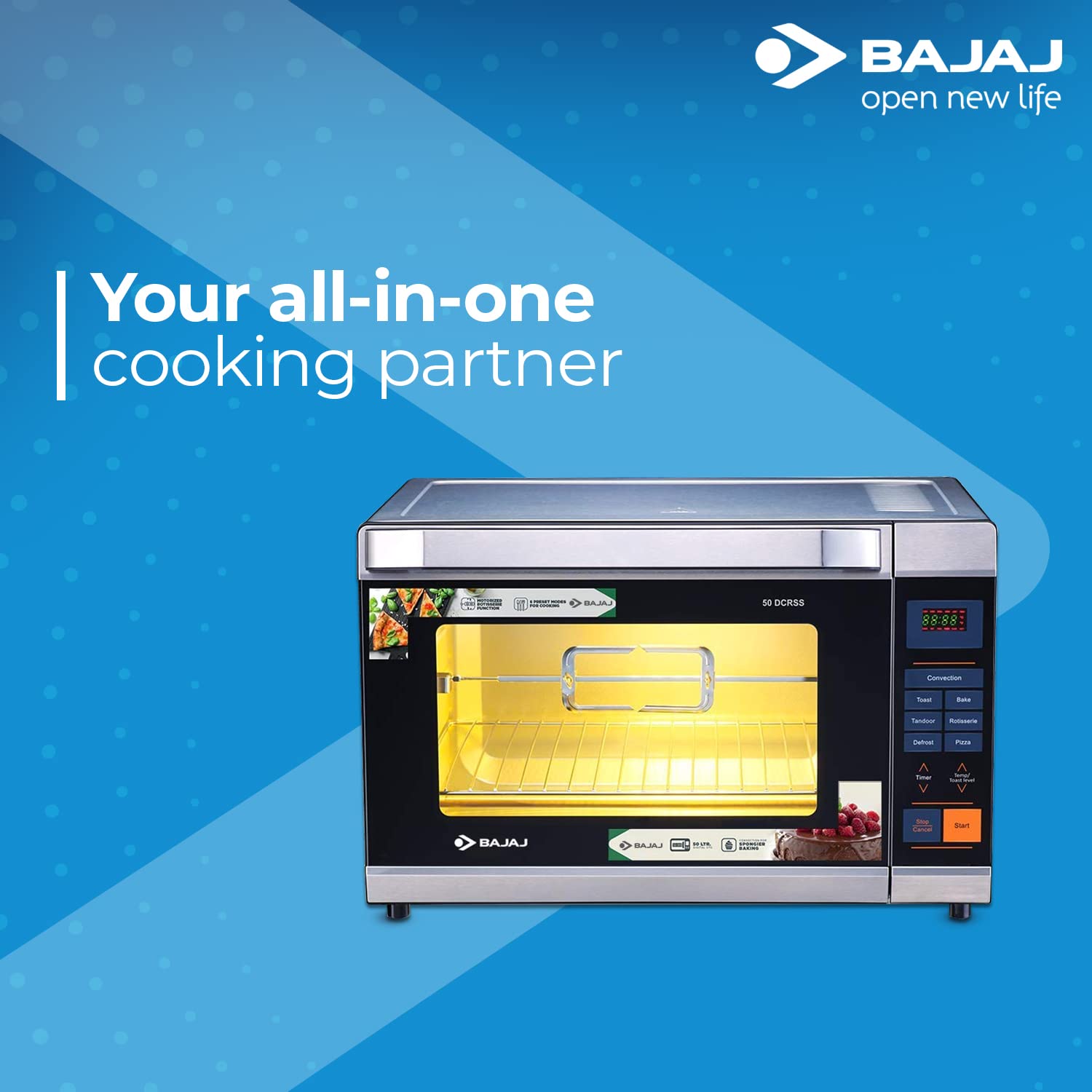 Bajaj 50 Litre Digital Oven Toaster Griller (50 litres OTG) with 6 Pre-Set Menu, Oven for Kitchen with Illuminated Chamber, Motorised Rotisserie & Convection, 2 Year Warranty Black & Silver      ( OPEN BOX )