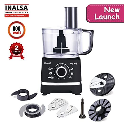 INALSA Food Processor/ Atta Kneader/ Chopper Easy Prep- 800 Watts| 1.4 L Main Bowl Capacity | 2 Speed Setting with Pulse Function|7 Accessories(Black)