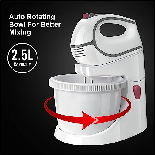 INALSA Stand Mixer cum Hand Mixer Promix | 500 Watt | Quick Burst Technology | 2.5 L Self Rotation Bowl |5 Variable Speeds with Turbo Function| Detachable Base | Dough & Beater Hooks| White / Grey