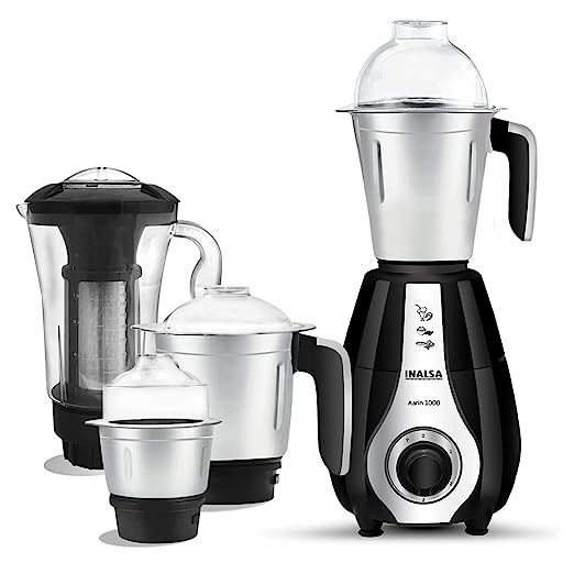 INALSA Mixer Grinder 1000 Watt, 4 Jar- Aarin with Powerful Copper Motor| Decorative Chrome Finish on Front | Includes Extra Pounding/Mincing & Whisker Blades| 5 Year Warranty on Motor, (Black)