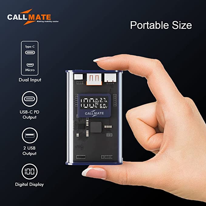 Callmate C-Thru 20000mAh Transparent Power Bank, 23W Fast Charging with Type C PD (Input & Output | 2 Output Ports and 2 Input | Digital Display (23 W, Power Delivery) (Transparent, Grey, Lithium Ion)