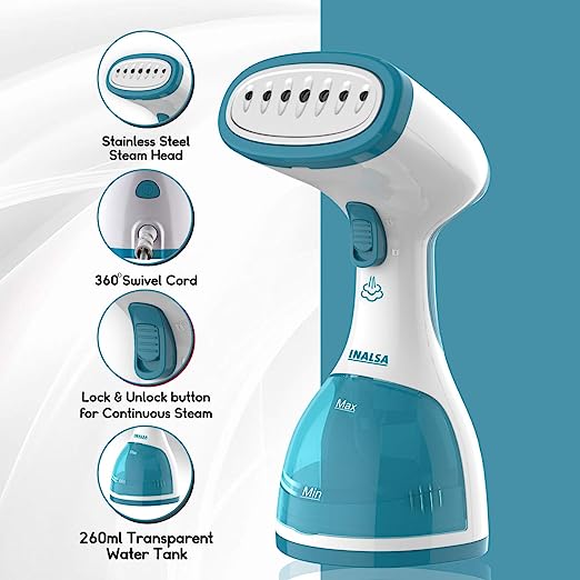 Inalsa Xpress 1200-Watt Garment Steamer with Detachable Fabric & Steam Brush & 260ml Capacity | Vertical & Horizontal Ironing, (White/Aqua Green)