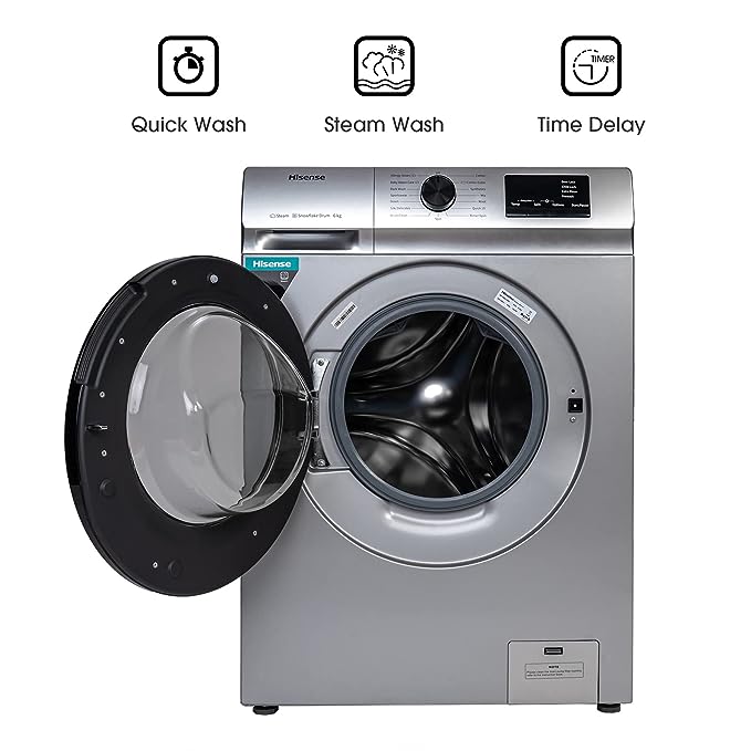 Hisense 6.0 Kg Fully-Automatic Front Loading Washing Machine (WFVB6010MS, Silver, Steam Wash, Built in Heater), ‎Silver(OPEN BOX)