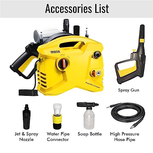 Inalsa High Pressure Washer Professional PowerShot Compact-1800W|100% Pure Copper Motor|Pressure-135 Bar, Max Flow-408 l/h, 6m High Pressure Hose Pipe for Cleaning Homes, Cars, Garden, (Yellow/Black)