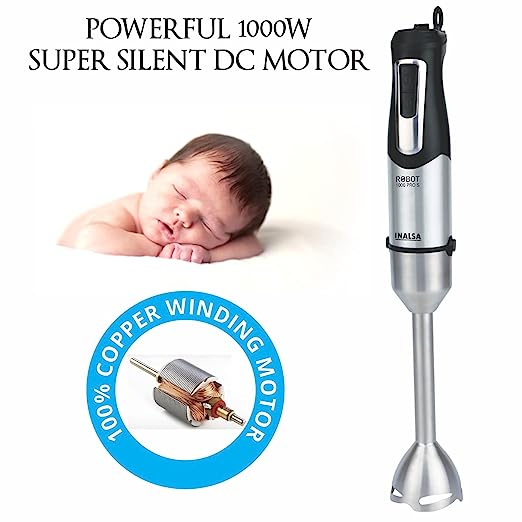 INALSA Hand Blender Robot 1000 Pro S-1000 Watts| Super Silent DC Motor| Variable Speed Control| Detachable Stem for Cleaning & Storage|(Black/Silver)