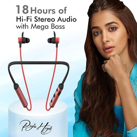 PTron Tangent Plus V2 with 18Hrs Playback & Type-C Fast Charging, Bluetooth 5.0 Wireless Headphones with Deep Bass, IPX4 Water Resistance, Snug-fit, Voice Assistance & Built-in Mic (Black & Red)