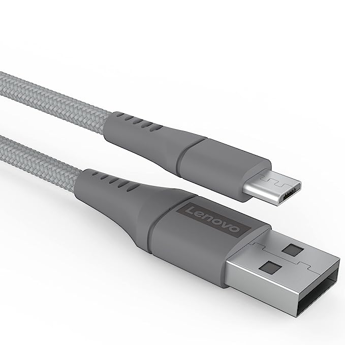 Lenovo Micro USB Tangle-free  Aramid fiber braided 1m cable with 4A charging & 480 MBPS data transmission, certified 10000+ bend lifespan, Metallic Grey