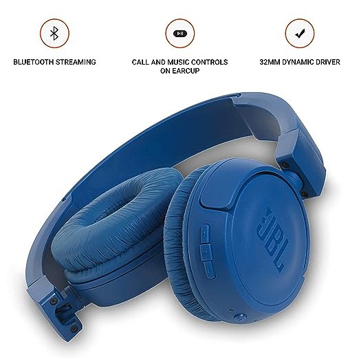 JBL T460BT by Harman, Wireless On Ear Headphones with Mic, Pure Bass, Portable, Lightweight & Flat Foldable, Voice Assistant Support for Mobiles (Blue)