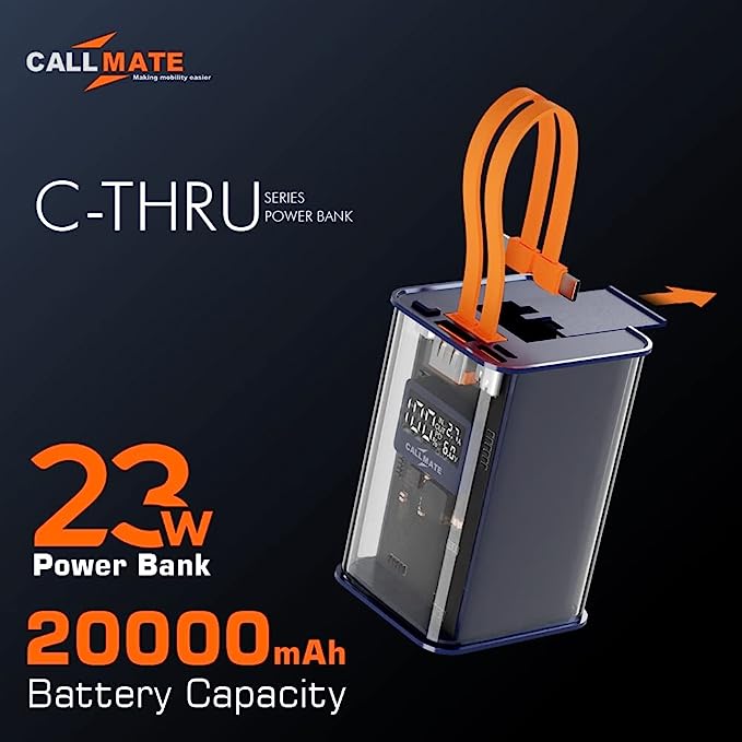 Callmate C-Thru 20000mAh Transparent Power Bank, 23W Fast Charging with Type C PD (Input & Output | 2 Output Ports and 2 Input | Digital Display (23 W, Power Delivery) (Transparent, Grey, Lithium Ion)