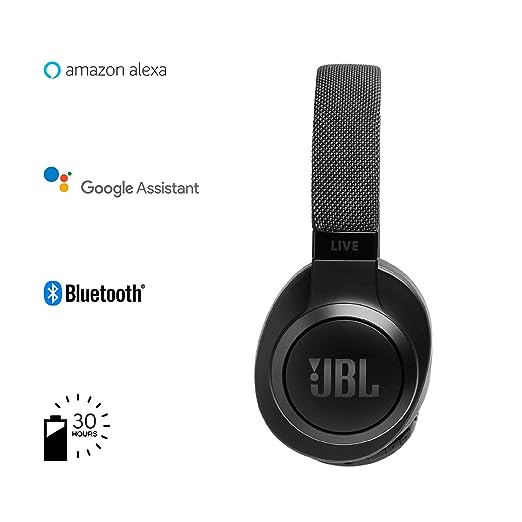 JBL Live 500BT, Wireless Over Ear Headphones with Mic, Signature Sound, Vibrant Colors with Fabric Headband, Dual Pairing, AUX, Ambient Aware & Talk Thru, Built-in Alexa & Google Assistant (Black)