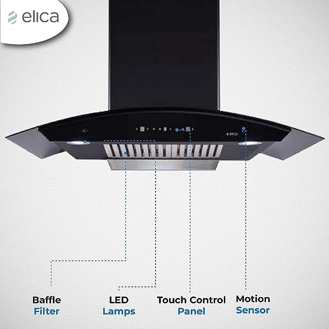 Elica 90 cm 1350 m3/hr Autoclean Kitchen Chimney with 15 Years Warranty (BFCG 900 HAC LTW MS NERO, 2 Baffle Filters, Touch + Motion Sensor Control, Black)(OPEN BOX)