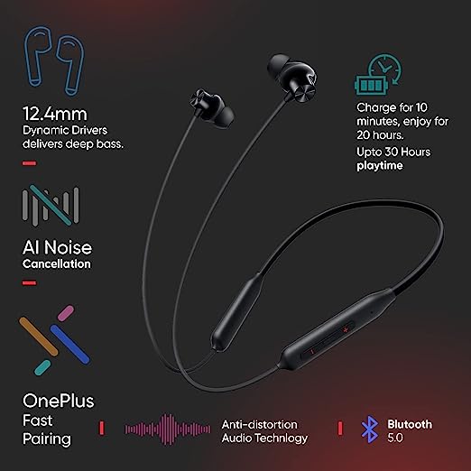 nePlus Bullets Z2 Bluetooth Wireless in Ear Earphones with Mic, Bombastic Bass - 12.4 Mm Drivers, 10 Mins Charge - 20 Hrs Music, 30 Hrs Battery Life (Magico Black)