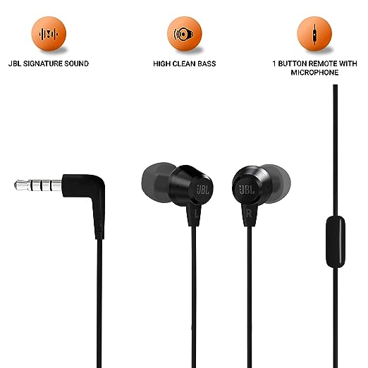 JBL C50HI, Wired in Ear Headphones with Mic, One Button Multi-Function Remote, Lightweight & Comfortable fit (Black)