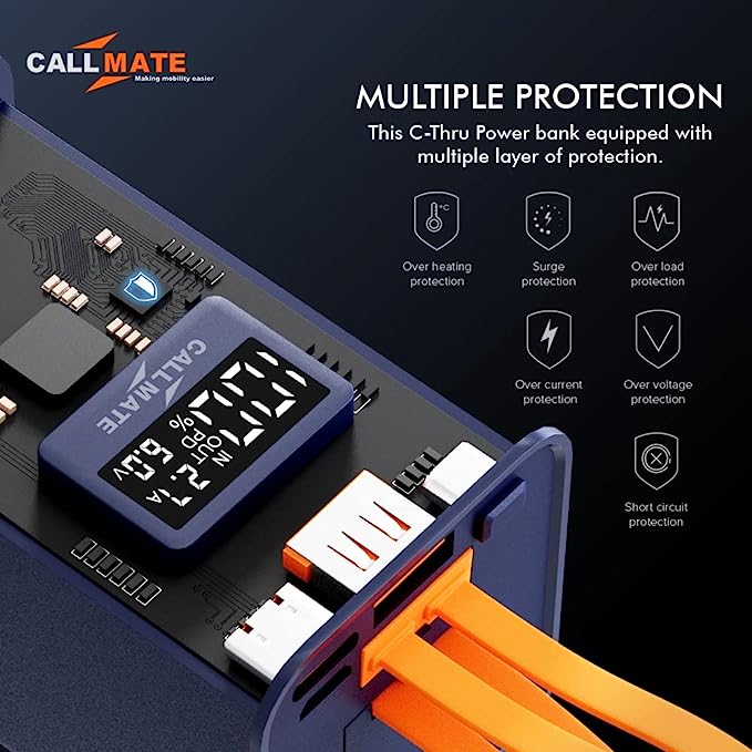 Callmate C-Thru 20000mAh Transparent Power Bank, 23W Fast Charging with Type C PD (Input & Output | 2 Output Ports and 2 Input | Digital Display (23 W, Power Delivery) (Transparent, Grey, Lithium Ion)