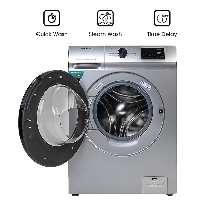 Hisense 7.0 Kg Fully-Automatic Front Loading Washing Machine (WFVB7012MS, Silver, Steam Wash, Built in Heater ), ‎Silver(OPEN BOX)