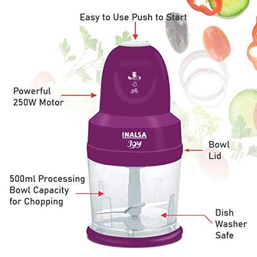 Inalsa Joy-250 Watts Electric Chopper with Copper Motor, Chop, Mince, Puree, Whisk, 850 ml Capacity, One Touch Operation, 1.30mtr Long Power Cord