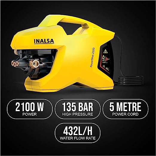 Inalsa High Pressure Washer PowerShot-2100W|Powerful Induction Motor/ Industrial Grade|Pressure-135 Bar, Max Flow-432 l/h, 6m High Pressure Hose Pipe for Cleaning Homes, Cars, Garden|Heavy Duty Usage