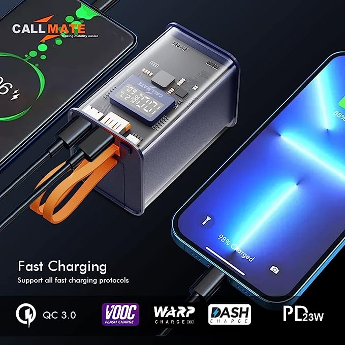 Callmate C-Thru 20000mAh Transparent Power Bank, 23W Fast Charging with Type C PD (Input & Output | 2 Output Ports and 2 Input | Digital Display (23 W, Power Delivery) (Transparent, Grey, Lithium Ion)