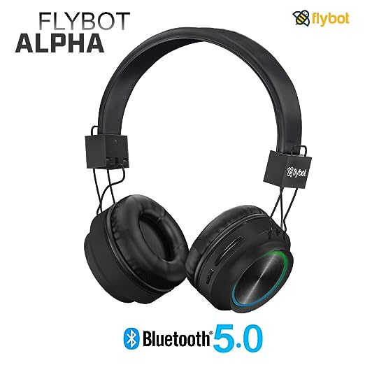 Flybot Alpha Wireless Over Ear Bluethooth Headphone with Mic IPX5 Rated with HD Sound and LED Light Design (Black)