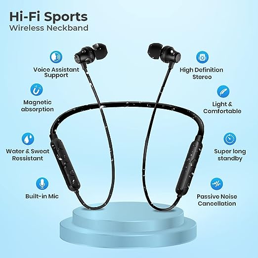 PTron Tangent Lite Bluetooth 5.0 Headphones with Mic, Hi-Fi Stereo Sound Neckband, 8Hrs Playtime, Lightweight Snug-fit in-Ear Headphones, IPX4 Water Resistant, Fast Charge & Voice Assistant (Black)