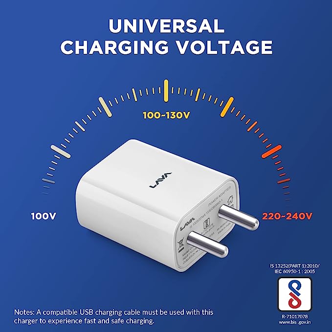 Elements by Lava - CH5 Charger, 12 W Fast Charging, Dual Port, Supports 2.4 A, Charger Holding Slot, Free Micro USB Cable 1 Meter Included - White