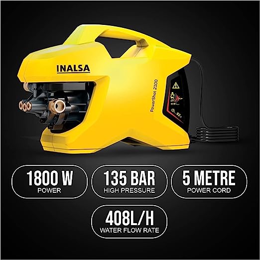Inalsa High Pressure Washer Professional PowerShot Compact-1800W|100% Pure Copper Motor|Pressure-135 Bar, Max Flow-408 l/h, 6m High Pressure Hose Pipe for Cleaning Homes, Cars, Garden, (Yellow/Black)