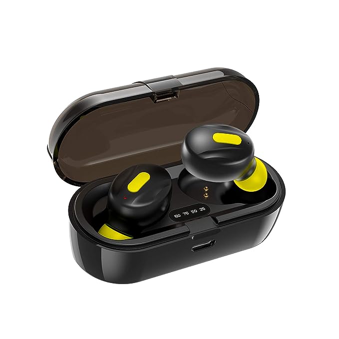 WeCool Moonwalk Mini Earbuds with Magnetic Charging Case IPX5 Wireless Earphones with Digital Battery Indicator for Crisp Sound Bluetooth Earphones for Secure Sports Fit (Yellow)