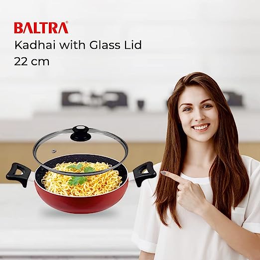 BALTRA Nonstick kadai with Lid 1.75 LTR 22 cm (Maroon) Marble Finish (BTN-204)