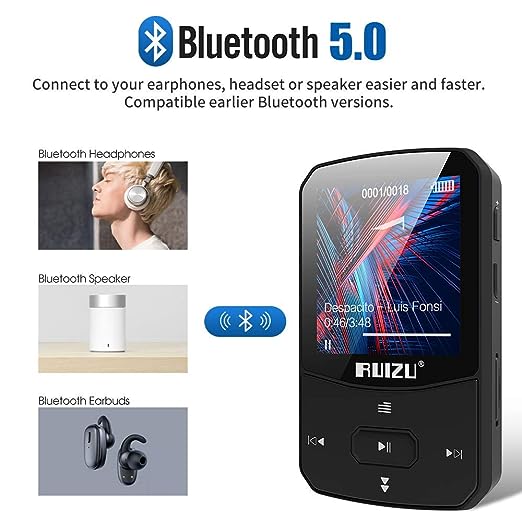 RUIZU X52 16GB Clip Mp3 Player with Bluetooth 5.0 16GB Lossless Sound Music Player with FM Radio Voice Recorder Video Earphones for Running, Support up to 128GB(Black)