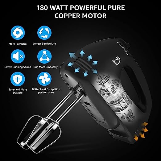 Inalsa Hand Blender Hand Mixer -Eeco Mix with Powerful 180 Watt Super Silent Pure Copper Motor| Variable 7 Speed Control| Includes Mixer/Beater & Dough Hooks| Hand Mixer with Stand, (Black), Small