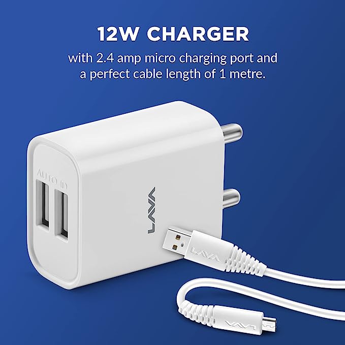 Elements by Lava - CH5 Charger, 12 W Fast Charging, Dual Port, Supports 2.4 A, Charger Holding Slot, Free Micro USB Cable 1 Meter Included - White