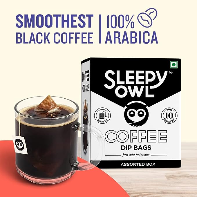Sleepy Owl Assorted Hot Brew Coffee Bags | 10 Bags - 5 Delicious Flavours - French Vanilla, Dark Roast, Cinnamon, Hazelnut, Original | 5 Minute Brew - No Equipment Needed | 100% Arabica | Makes 10 Cups
