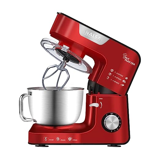 INALSA Stand Mixer Professional Mix Master- Heavy Duty 1200 Watt Pure Copper Motor| 5.5L SS Bowl| Metal Gears for Extra Stability| Includes Whisking Cone, Mixing Beater & Dough Hook, (Red)