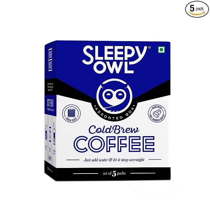 Sleepy Owl Assorted Cold Brew Coffee Bags | 5 Delicious Flavours - French Vanilla, Dark Roast, Cinnamon, Hazelnut, Original | Easy 3 Step Overnight Brew - No Equipment Needed | Makes 15 Cups | 100% Arabica