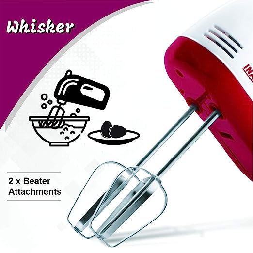 Inalsa Hand Blender| Hand Mixer|Beater - Easy Mix, Powerful 250 Watt Motor | Variable 7 Speed Control | 1 Year Warranty | (White/Red)