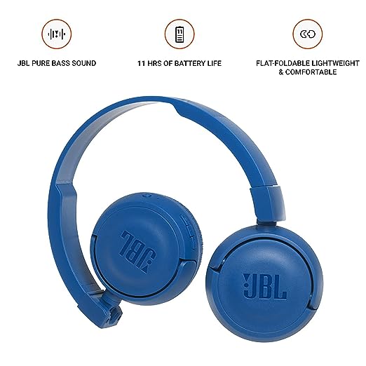 JBL T460BT by Harman, Wireless On Ear Headphones with Mic, Pure Bass, Portable, Lightweight & Flat Foldable, Voice Assistant Support for Mobiles (Blue)