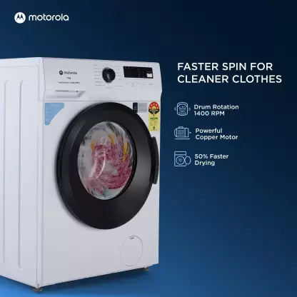 MOTOROLA 7 kg 5 Star Rating Garment Sterilization Fully Automatic Front Load Washing Machine with In-built Heater White  (70FLAM5W)(OPEN BOX)