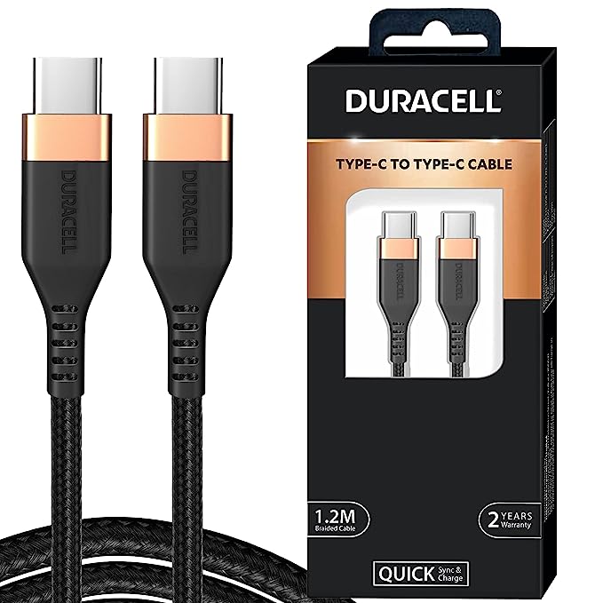 Duracell USB Type C To Type C 5A (100W) Braided Sync & Fast Charging Cable, Compatible With Mobile, Laptop, Tablets & MacBook, 3.9 Feet (1.2M), Supports PD & QC 3.0 Charging, 5 GBPS Data Transmission